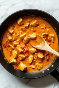 This image shows chicken simmering in a mixture of tomato paste, yogurt, and coconut milk, creating a creamy and flavorful curry sauce.