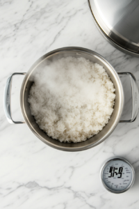 This image shows a saucepan with wild rice gently simmering in broth, allowing the grains to soften and absorb the rich flavors.