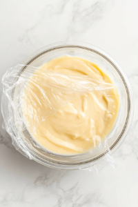 This image shows freshly made custard covered and placed in the refrigerator, allowing it to chill and set before serving.