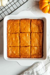 This image shows freshly baked pumpkin bars resting in the baking dish, cooling on a wire rack to ensure they set properly before adding the cream cheese frosting.