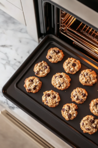 This image shows Cowboy Cookies baking in the oven, turning golden brown as they develop a crispy exterior and soft, chewy center.