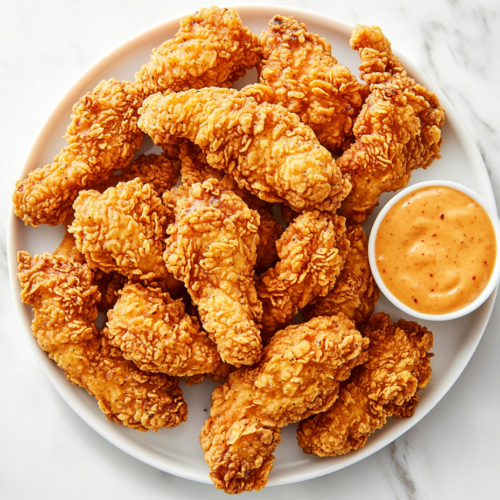 This image shows crispy and golden-brown Crack Chicken Tenders, tender on the inside, served on a plate with a small bowl of ketchup on the side.