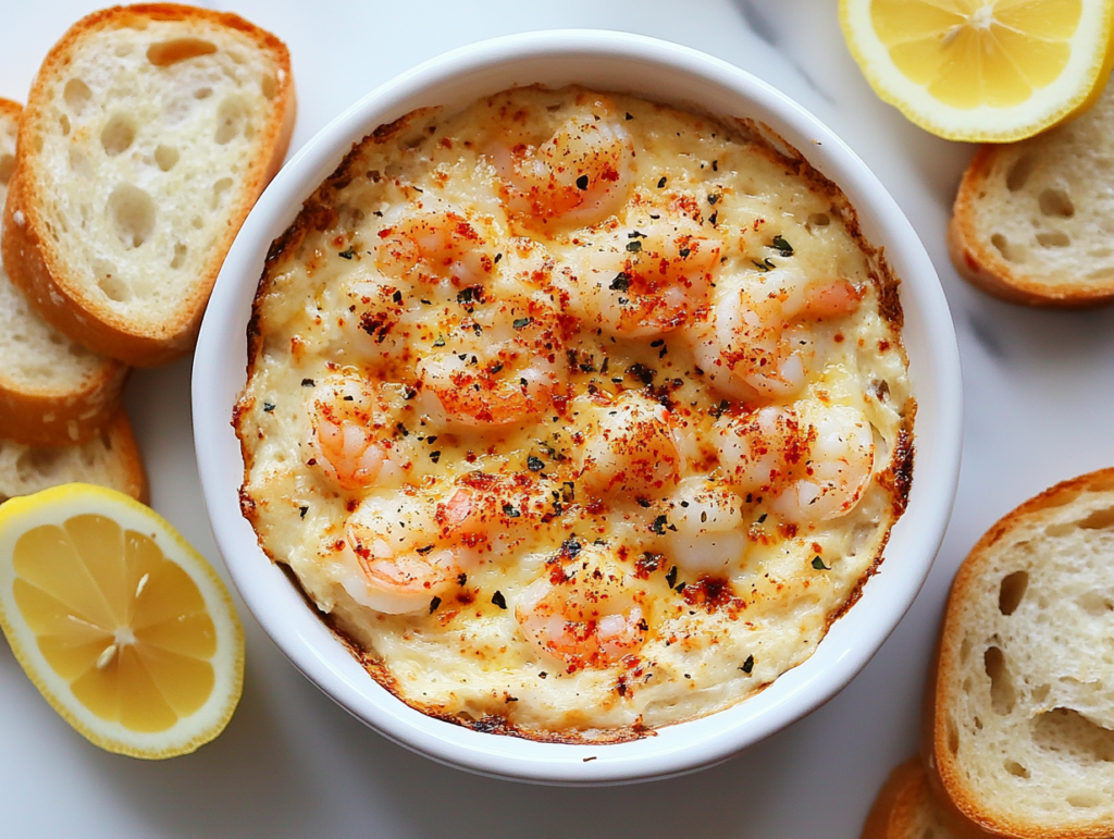 This image showcases a rich and creamy crab and shrimp dip in a small white bowl, featuring flavors of mayonnaise, crab, lemon juice, paprika, and parmesan.