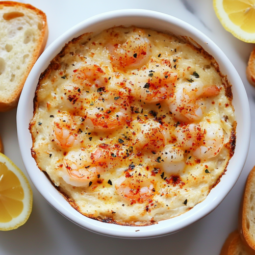 This image showcases a rich and creamy crab and shrimp dip in a small white bowl, featuring flavors of mayonnaise, crab, lemon juice, paprika, and parmesan.