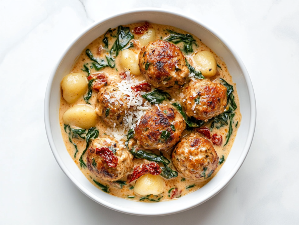 This image shows a bowl of slow-cooked Tuscan chicken meatballs with pillowy gnocchi, bathed in a creamy white sauce with sun-dried tomatoes, spinach, and parmesan.
