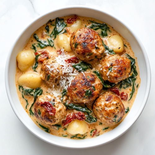 This image shows a bowl of slow-cooked Tuscan chicken meatballs with pillowy gnocchi, bathed in a creamy white sauce with sun-dried tomatoes, spinach, and parmesan.