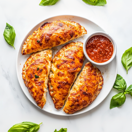 This image shows freshly cooked Chicken Alfredo Air Fryer Calzones, perfectly golden brown and ready to be served with dipping sauce for a delicious meal.