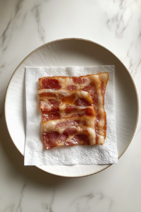 This image shows freshly cooked bacon resting on a paper towel, allowing excess grease to be absorbed while maintaining its crisp texture.