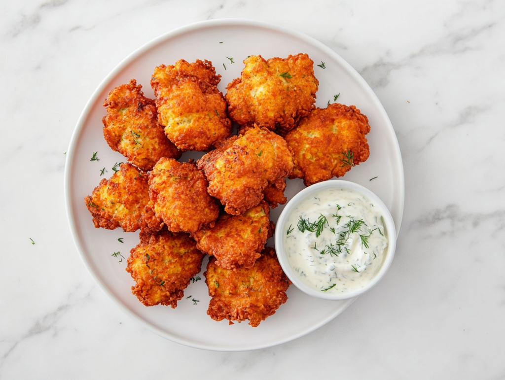 This image shows a plate of golden-brown cheesy chicken fritters with a crispy exterior, served with a bowl of creamy dipping sauce for extra flavor.