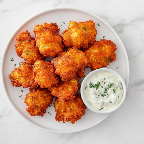 This image shows a plate of golden-brown cheesy chicken fritters with a crispy exterior, served with a bowl of creamy dipping sauce for extra flavor.