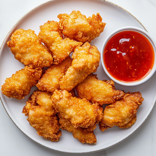 This image shows a plate of crispy, golden-brown breaded Chinese chicken served on a white round plate, accompanied by a small bowl of sweet and sour sauce on the side.