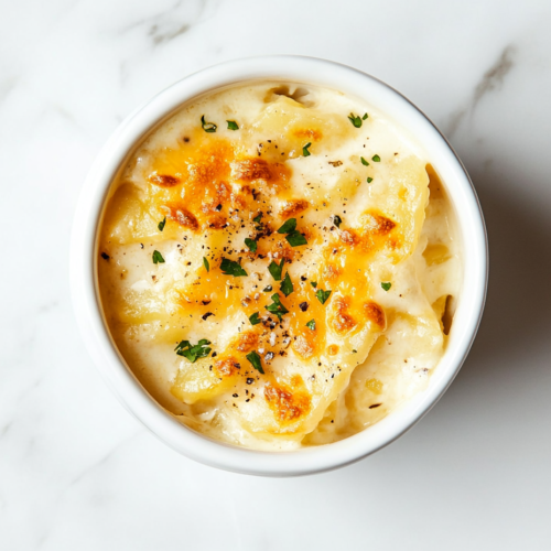 This image shows Crockpot scalloped potatoes served in a white round bowl, mixed with cream, chicken broth, minced garlic, salt, and pepper, and topped with freshly chopped cilantro for a flavorful finish.