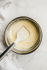 This image shows the tempered egg and milk mixture being returned to the saucepan, gently heating to create a smooth, rich custard.