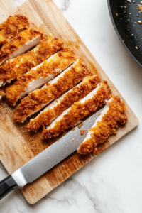 This image shows golden brown chicken katsu being sliced into even strips, revealing the juicy and tender meat inside.