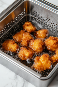 This image shows battered chicken pieces frying in hot oil inside a deep fryer, turning golden brown and crispy.