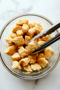 This image shows chicken pieces being fully coated in a thick batter, ensuring a crispy and golden-brown crust when fried.