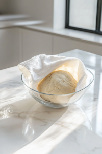This image shows the cinnamon roll dough resting in a greased bowl, covered with a towel, allowing it to rise and double in size.