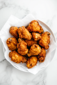 This image shows golden-brown fried chicken pieces resting on a wire rack, allowing excess oil to drain for a perfect crispy texture.