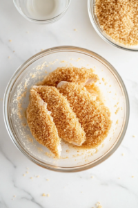 This image shows chicken pieces being thoroughly coated in panko breadcrumbs, ensuring an even, crispy crust when fried.