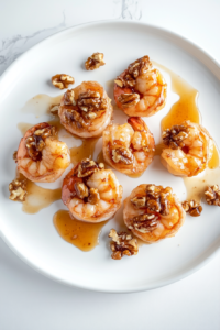This image shows creamy honey sauce being poured over crispy shrimp, followed by a generous sprinkling of sweet glazed walnuts.