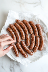 This image shows a paper towel patting down breakfast sausages to remove excess moisture before wrapping them in dough.