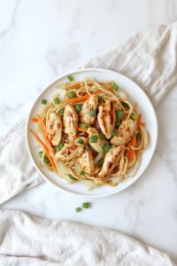 This image shows a wok full of Chicken Spaghetti Lo Mein being tossed together, evenly coated in sauce and ready to serve.
