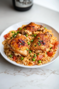 This image shows a fork gently fluffing the fully cooked rice, revealing tender chicken pieces on top, ready to be served as a delicious and comforting meal.