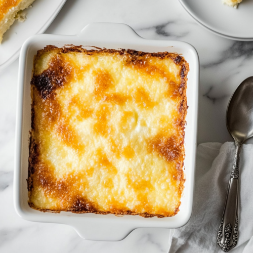 This image shows a freshly baked Four-Ingredient Cheese Dump Cake in a rectangular baking dish, with a thin layer of butter melted over the golden cake mix topping.