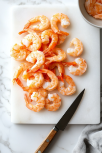 This image shows a neatly arranged workspace with shrimp, batter ingredients, sauce components, and walnuts, ensuring a smooth cooking process.
