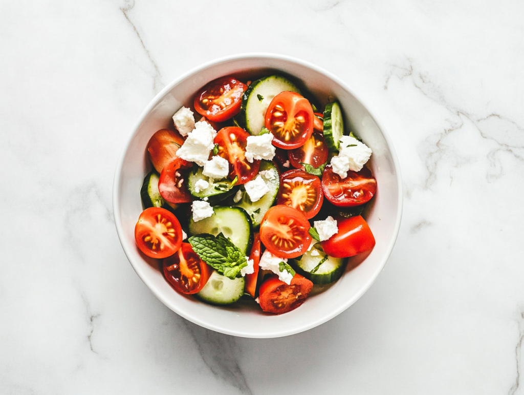 This image shows a vibrant bowl of tomato cucumber feta salad, featuring halved cherry tomatoes, round cucumber slices, and crumbled feta cheese on top for a refreshing and flavorful dish.