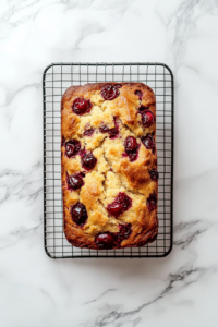 This image shows a freshly baked cranberry orange loaf resting on a wire rack, cooling before being glazed and sliced.