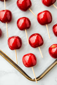 This image shows freshly coated candy apples resting on a baking sheet, setting into a crisp, glossy finish, ready to be enjoyed.