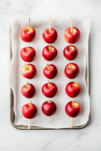 This image shows freshly dipped candy apples placed on parchment-lined baking sheets, allowing them to set and develop a crisp, shiny coating.