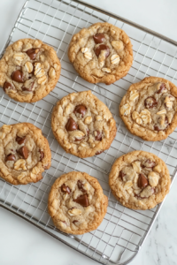 This image shows freshly baked Cowboy Cookies cooling on a wire rack, allowing them to set and develop the perfect texture before serving.