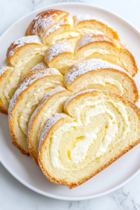 This image shows a freshly baked Polish cheese babka resting on a cooling rack, ready to be sliced and served.