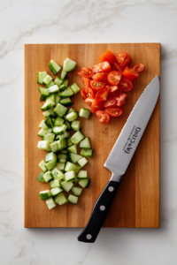 This image shows a variety of fresh vegetables—cucumbers, tomatoes, onions, and avocados—being diced into small, even pieces to bring texture and color to the salsa.