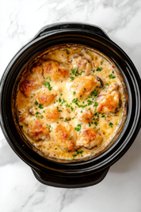 This image shows the slow cooker chicken cordon bleu fully cooked, with melted cheese, a golden stuffing topping, and a creamy sauce underneath.