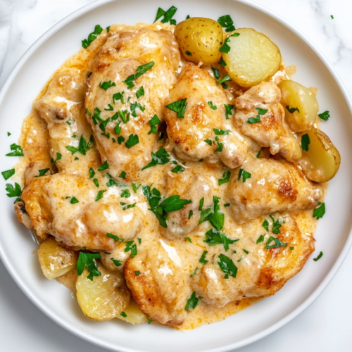 This image shows a plate of Garlic Parmesan Chicken Potatoes served on a round white plate, topped with melted mozzarella and Parmesan cheese, chopped cilantro, and coated in a rich, creamy gravy.