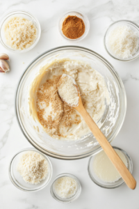 This image shows a top-down view of a glass bowl containing a creamy mayo mixture, which will be used to coat the chicken tenders.