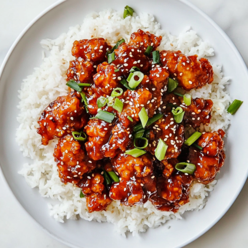 This image shows a plate of golden-brown Chang’s Spicy Chicken, coated in a glossy, flavorful sauce and garnished with white sesame seeds and fresh chopped green onions.