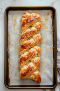 This image shows the baked apple puff pastry cooling on a rack, its golden-brown layers tempting you to dig into the delicious, flaky dessert.