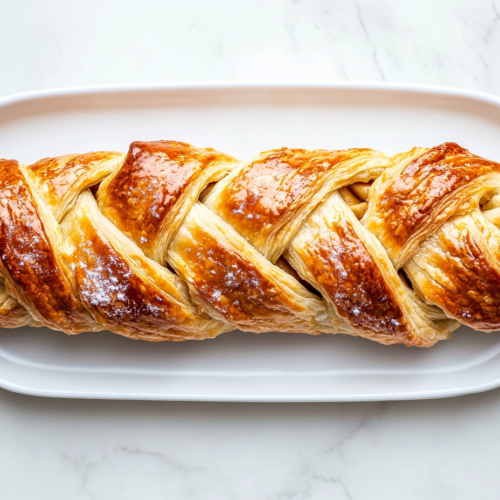 This image shows a golden-brown braided apple puff pastry with a glossy egg wash brushed on top for shine, creating a beautiful and appetizing finish.