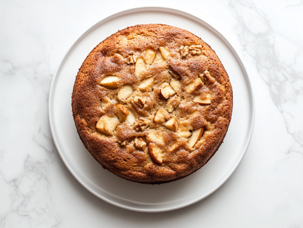 This image shows a freshly baked apple cake with a golden brown crust, infused with chopped apples, walnuts, and raisins, served on a white round plate.