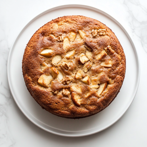 This image shows a freshly baked apple cake with a golden brown crust, infused with chopped apples, walnuts, and raisins, served on a white round plate.