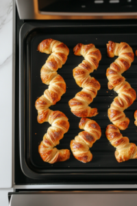 This image shows a tray of freshly baked cinnamon crescent twists, golden brown and crisp, filling the kitchen with a warm, sweet aroma.