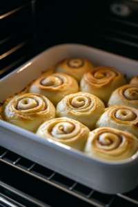 This image shows freshly baked cinnamon rolls with a perfectly golden brown crust, ready to be frosted.