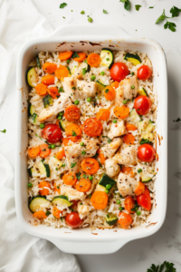 This image shows a perfectly baked Knorr Creamy Chicken Rice Casserole, with golden, bubbling edges and vibrant vegetables.