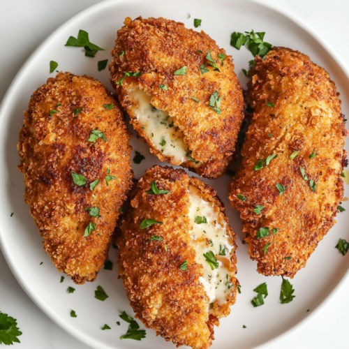 This image shows a perfectly air-fried Chicken Kiev with a crispy golden brown crust, revealing a rich, buttery cheese-filled center, garnished with freshly chopped cilantro on a white round plate.