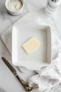 This image shows a baking dish being greased with butter or cooking spray, preparing it for the layers of ingredients in the Four-Ingredient Cheese Dump Cake.