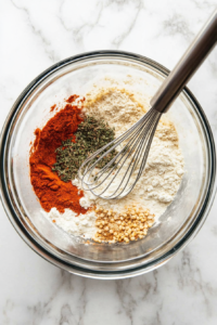 This image shows a bowl filled with flour and a blend of KFC-style spices, being whisked together to create the seasoned coating for the fried chicken.
